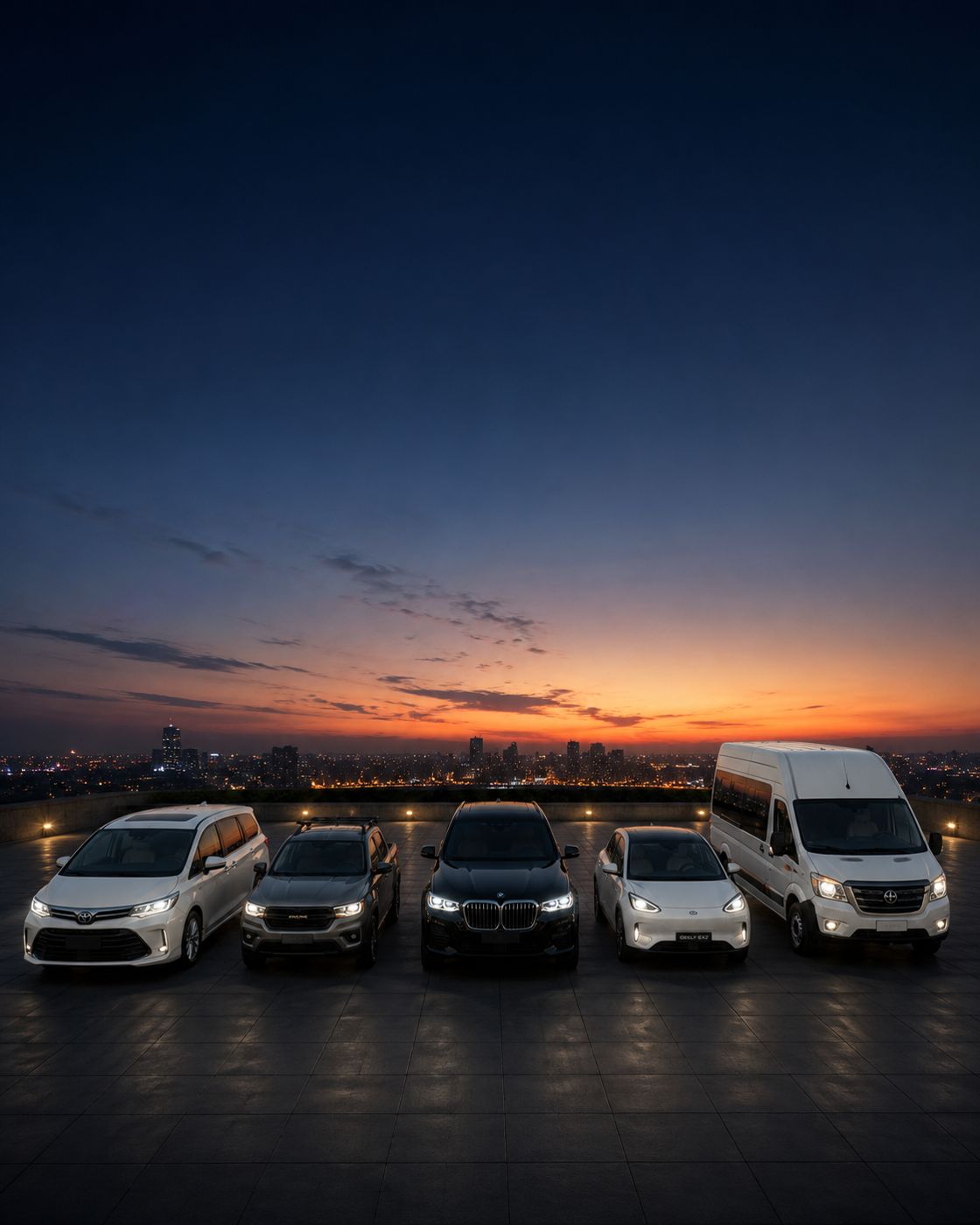 Flota Beh-Lux al atardecer: Sienna, X5, EX-2 y U-Van